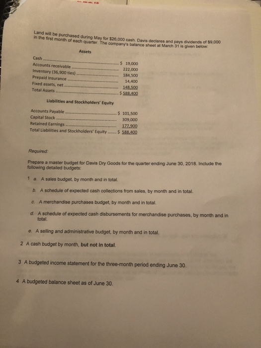 Land will be purchased during May for $25.000 cash Davis declares and pays dividends of $9.00 in the first month of each quar