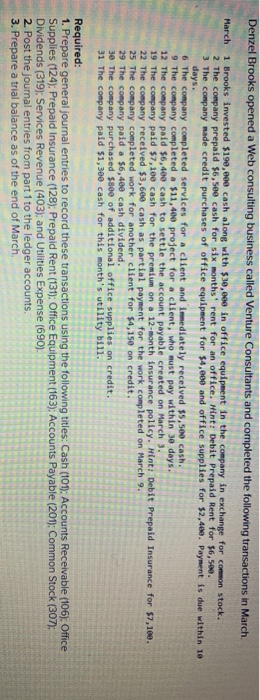 Denzel Brooks opened a Web consulting business called Venture Consultants and completed the following transactions in March M