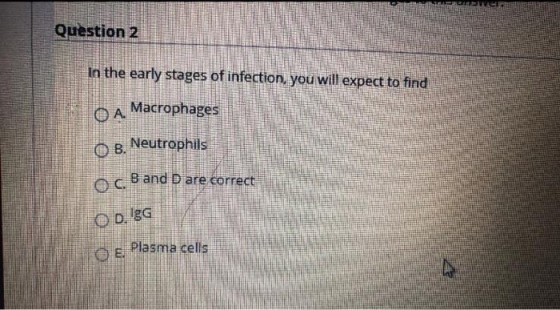 Question 2 In the early stages of infection, you will expect to find O A. Macrophages OB. Neutrophils oc. B and D are correct