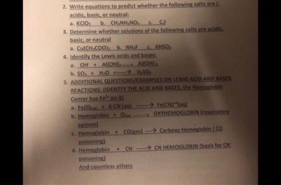 2. Write equations to predict whether the following salts are i. acidic, basic, or neutral: a. KCIO, b. CH_NH,NO, C. C! 3. De