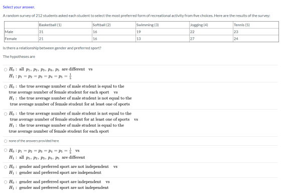 Select your answer. A random survey of 212 students asked each student to select the most preferred form of recreational acti