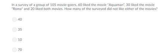In a survey of a group of 105 movie-goers, 60 liked the movie Aquaman, 30 liked the movie Roma and 20 liked both movies. How many of the surveyed did not like either of the movies? 40 35 0 10 70