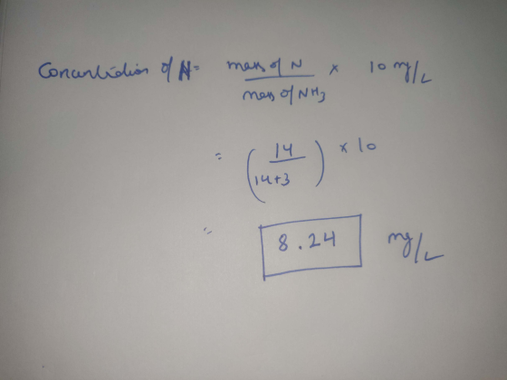 Concantidion of mans of N x men of NH3 10 mg/ ( 14 ) X lo 114+3 8.24