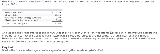 Han Products manufactures 38,000 units of part 5-6 each year for use on its production line. At this level of activity, the c