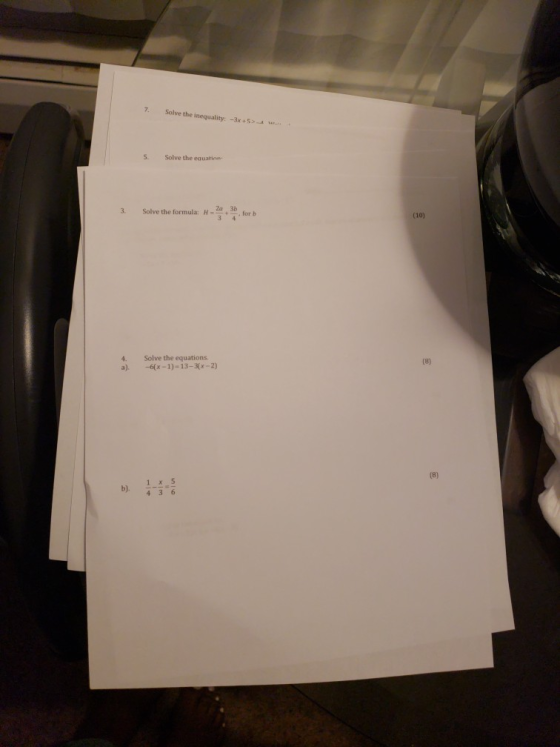 7. Solve the inequality: -3x+5> 5. Solve the equation 3. Solve the formula H_29 3b 34 for (10) 4. a). Solve the equations. -6