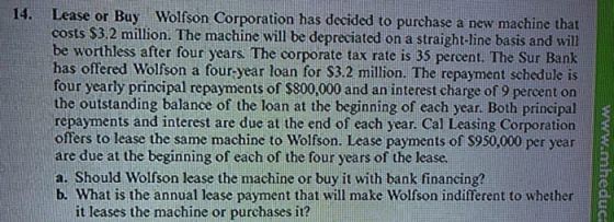 14. Lease or Buy Wolfson Corporation has decided to purchase a new machine that costs $3.2 million. The machine will be depre