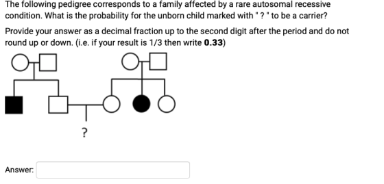 The following pedigree corresponds to a family affected by a rare autosomal recessive condition. What is the probability for