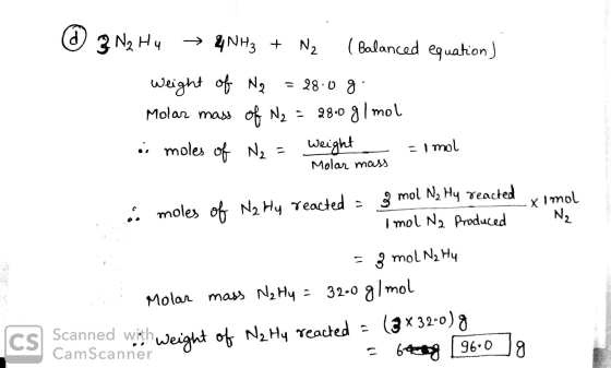 2 N₂ Hu → 4NH3 + N₂ (Balanced equation) Weight of Nq = 28.0 g. Molar mass of N₂ = 2800 g/mol i moles of N₂ = weight = 1 mol -