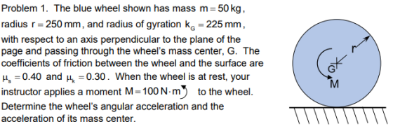 Problem 1. The blue wheel shown has mass m 50kg radius r 250 mm, and radius of gyration k 225 mm coefficients of friction between the wheel and the surface are -0.40 and k-0.30. When the wheel is at rest, your instructor applies a moment M 100N-m) to the wheel Determine the wheels angular acceleration and the acceleration of its mass center.