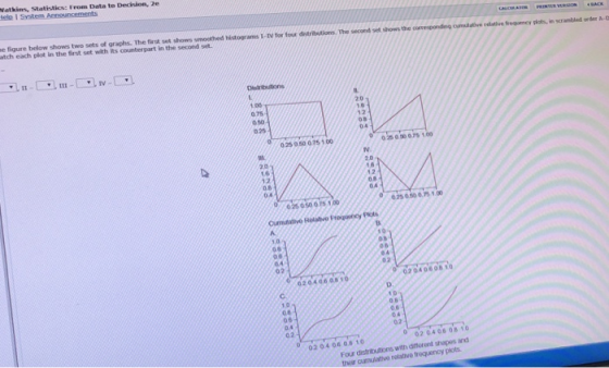atkins, Statistics: From Data to Decision, 2e elo I e figure below shows two sets of graphs. The first set shows smoothed histograms T-tv for four atch each plot in the first set with its counterpart in the second set. The second set shows the correspondng dunndative rel tive frequency plats. scrambled order a-ti 1.00 075 050 025 20 16 12 0B 025 050 075 100 025050 075 100 2.0 0.8 0.8 04 625 050 0,75 1.00 026 050075 1.00 06 04 02 02 02040608 10 D. 06 04 02 04 02 02 0406 08 10 with aforent shapos and 10 02 04 06 Four thoir curmulative rolative freqeincy plots
