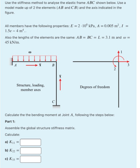 Use the stiffness method to analyse the elastic frame ABC shown below. Use a model made up of 2 the elements (AB and CB) and