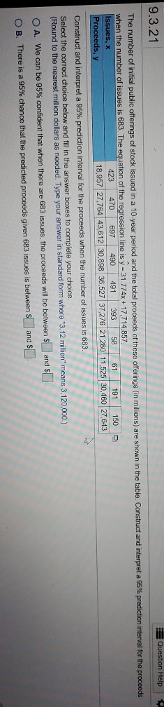 Question Help 9.3.21 The number of initial public offerings of stock issued in a 10-year period and the total proceeds of the