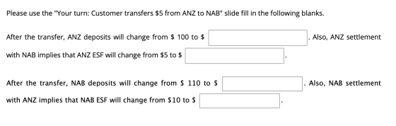 Please use the Your turn: Customer transfers $5 from ANZ to NAB slide fill in the following blanks. After the transfer, ANZ