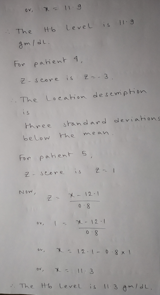 Ov, s19 Hb LeveL 1 The m/dL. For patient 1, i s Z-3 근-ScOve 2. The Loeation dese miption i s standard deviations Phree mean.