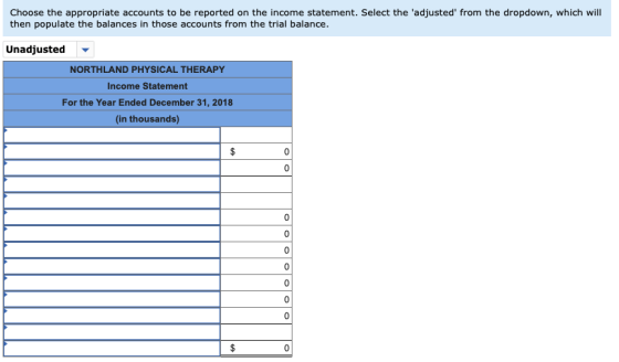 Choose the appropriate accounts to be reported on the income statement. Select the adjusted from the dropdown, which will t