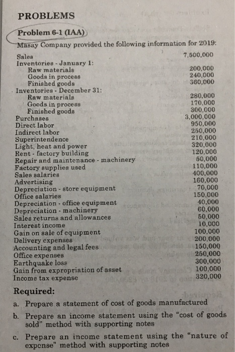 PROBLEMS Problem 6-1 (IAA) Masay Company provided the following information for 2019: Sales 7,500,000 Inventories - January 1