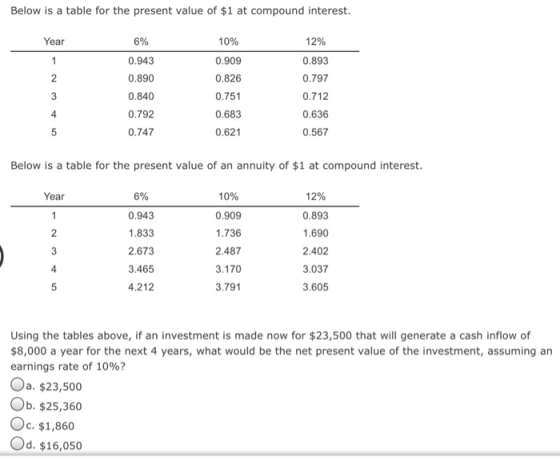 Below is a table for the present value of $1 at compound interest 6% 0.943 0.890 0.840 0.792 0.747 10% 0.909 0.826 0.751 0.683 0.621 Year 12% 0.893 0.797 0.712 0.636 0.567 4 Below is a table for the present value of an annuity of $1 at compound interest 6% 0.943 .833 2.673 3.465 4.212 Year 10% 0.909 1.736 2.487 3.170 3.791 12% 0.893 .690 2.402 3.037 3.605 2 Using the tables above, if an investment is made now for $23,500 that will generate a cash inflow of $8,000 a year for the next 4 years, what would be the net present value of the investment, assuming an earnings rate of 10%? a. $23,500 Ob. $25,360 Oc. $1,860 Od. $16,050