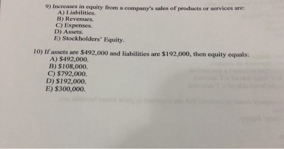 9) Increases in equity from a companys sales of products or services are: A) Liabilities. B) Revenues. C) Expenses. D) Assets. E) Stockholders Equity. 10) If assets are $492,000 and liabilities are $192,000, then equity equals: A) $492,000. B) $108,000. C) $792,000. D) $192,000. E) $300,000.
