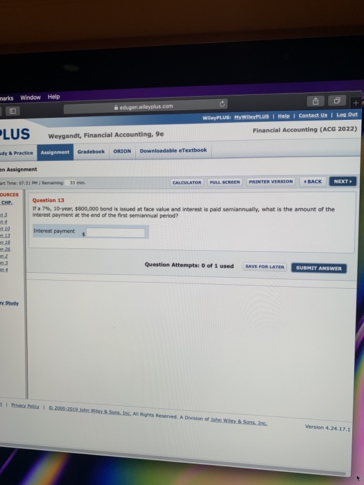 marks Window Help Û + edugen.wileyplus.com WileyPLUS: MyWileyPLUS Help Contact Us Log Out Financial Accounting (ACG 2022) PLU