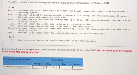 Tyrell Co. entered into the following transactions involving short-term liabilities in 2016 and 2017 2016 Apr. 20 Purchased $