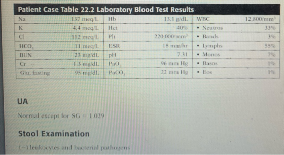 12,800/mm 33% C! Patient Case Table 22.2 Laboratory Blood Test Results Na 137 meql HD 13.1 g/dL WBC 14.4 meq/L Het 40% • Neut