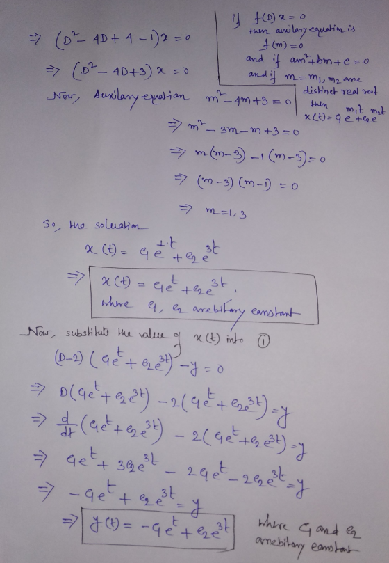 and if if f(D) x = 0 thers arxilary equation is -> (D-4D + 4-12 f (m) = am + bm tezo => (D? - 40+3)% =0 and if m=m), my are d