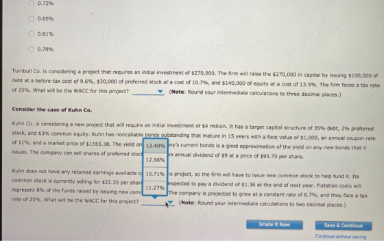 0.72 % O0.65% 0.81 % 0.78% Turnbull Co. is considering a project that requires an initial investment of $270,000. The firm wi