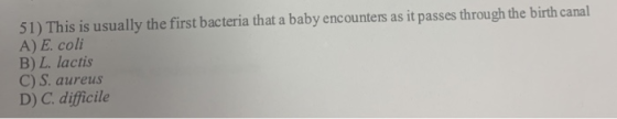 51) This is usually the first bacteria that a baby encounters as it passes through the birth canal A) E. coli B) L. lactis C)
