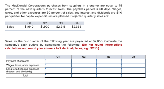 The MacDonald Corporations purchases from suppliersin a quarter are equal to 75 percent of the next quarters forecast sales