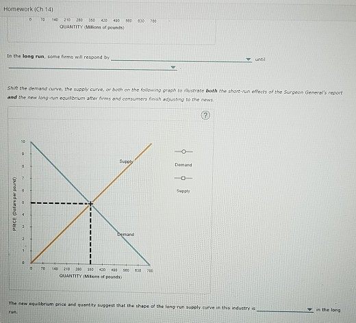 Homework (Ch 14) D 10140210280 350 420 4300 QUANTITY (Milions of pounds) 430 700 In the long run, some firms will respond by