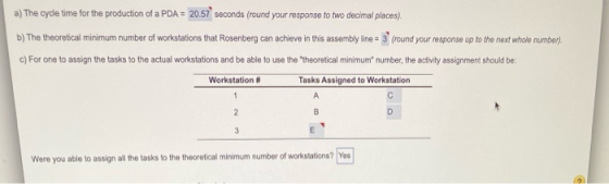 a) The cycle time for the production of a PDA = 20.57 seconds (round your response to two decimal places). b) The theoretical