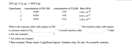 2NO (g) +Cl2 (g) → NOCI (g) Experiment concentration of NO (M) 0.096 concentration of Cl2(M) Rate (M/s) 0.05 3.40 x 10-4 0.05
