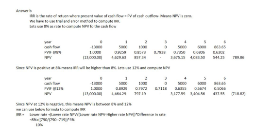Answer b IRR is the rate of retuen where present value of cash flow We have to use trial and error method to compute IRR Lets use 8% as rate to compute NPV fo the cash flow PV of cash outflow- Means NPV is zero. year cash flow PVIF @8% NPV 0 13000 1.0000 (13,000.00) 5000 1000 5000 6000 863.65 0.9259 0.8573 0.7938 0.7350 0.6806 0.6302 4,629.63 857.34 3,675.15 4,083.50 544.25 789.86 Since NPV is positive at 8% means IRR will be higher than 8%. Lets use 12% and compute NPV year cash flow PVIF @12% NPV 0 13000 1.0000 4 5000 6000 863.65 0.8929 0.7972 0.7118 0.6355 0.5674 0.5066 5000 1000 0 (13,000.00 4,464.29 797.19 3,177.59 3,404.56 437.55 718.82) Since NPV at 12% is negative, this means NPV is between 8% and 12% we can use below formula to compute IRR IRR = Lower rate +(Lower rate NPV/(Lower rate NPV-Higher rate NPV)Difference in rate -8%+((790/(790-719))*4% 10%