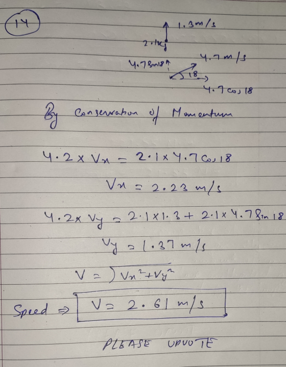 14 1.3m/s 2 olej 4.7 ms 4.78184 4.7cos18 Conservation of Momentum 4.2 x Vn 2.1x9.7 Cos 18 Un = 2.23 m/s 4. 2x vy 2.181.3+ 2.1