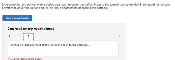 2. Assume that the partner with a deficit pays cash to cover the deficit. Prepare the journal entries on May 31 to record (a)