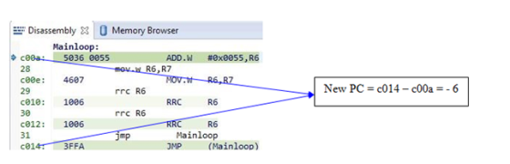 28 Disassembly X Memory Browser Mainloop: cena: 5036 0055 ADD.W #exe055, R6 frov. R6, R7 ceee: 4607 MOV. R6,BZ rrc R6 c010: 1