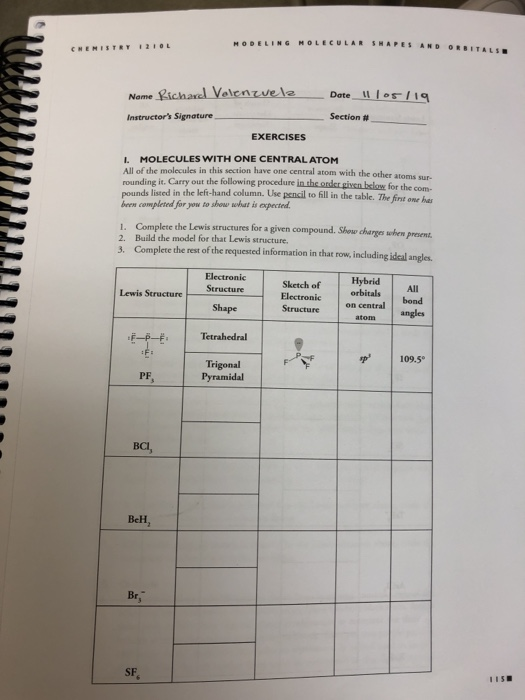 ETRY Date ulos/19 Name Richard Valenzuela Instructors Signature Section # EXERCISES 1. MOLECULES WITH ONE CENTRAL ATOM All o