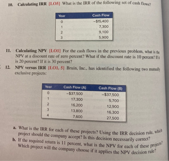 10. Calculating IRR [LO5] What is the IRR of the following set of cash flower Year WN - O Cash Flow -$15,400 7,300 9,100 5,90