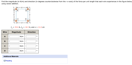 Find the magnitude (in N/m) and direction (in degrees counterclockwise from the +x-axis) of the force per unit length that ea