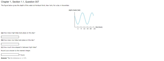 Chapter 1, Section 1.1, Question 007 The figure below gives the depth of the water at Montauk Point, New York, for a day in November. depth of water (feet me (hours) 4 8 12 16 20 24 (b) How many low tides took place on this day? (c) How much time elapsed in between high tides Round your answer to the nearest integer. i hours Answer 1: the tolerance is +/-2%
