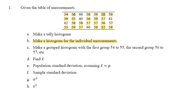 1. Given the table of measurements 54 56 60 58 59 58 59 59 55 60 56 59 57 61 62 58 58 57 57 56 57 55 59 57 60 58 57 58 a. Mak