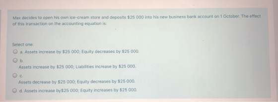 Max decides to open his own ice-cream store and deposits $25 000 into his new business bank account on 1 October. The effect