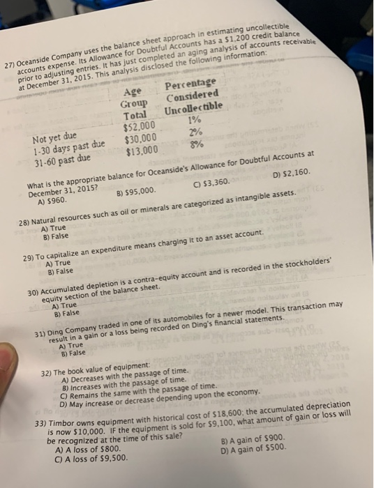 27) Oceanside Company uses the balance sheet approach in esti accounts expense. Its Allowance for Doubtful Accounts has a $1.
