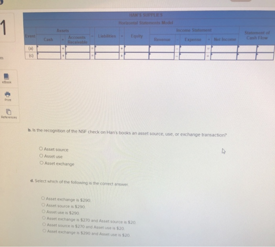 HANS SUPPLIES Horizontal Statements Model 1 Income Statement Event Assets Accounts Receivable Liabilities Equity Statement o