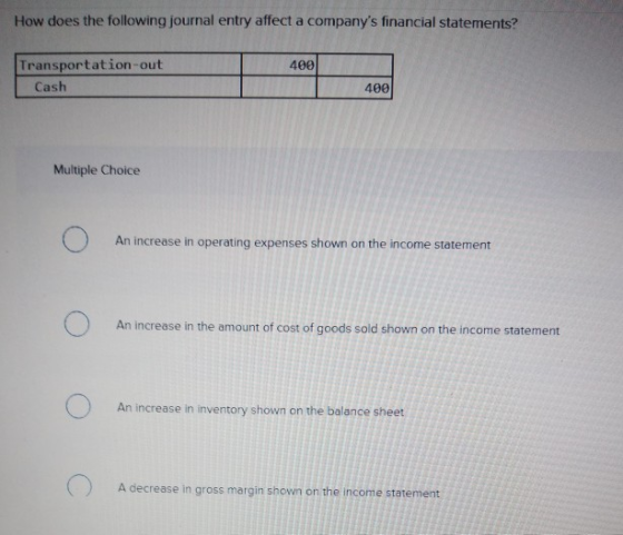 How does the following journal entry affect a companys financial statements? 400 Transportation-out Cash 400 Multiple Choice