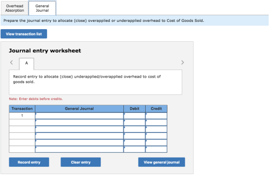 Overhead Absorption General Journal Prepare the journal entry to allocate (close) overapplied or underapplied overhead to Cos