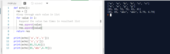 [a, a, b, b, c, c] [x, x, y, y] [85, 85, 72, 72, 61, 61] [85, 85, abc, abc, 6.79, 6.79] main.py B sav