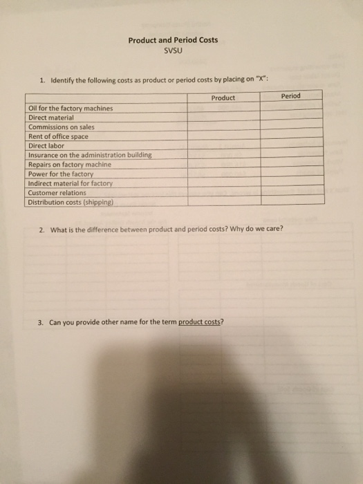 Product and Period Costs svSU 1. Identify the following costs as product or period costs by placing on X: Product Period Oil for the factory machines Direct material Commissions on sales Rent of office space Direct labor Insurance on the administration building Repairs on factory machine Power for the factory Indirect material for factory Customer relations Distribution costs (shipping) 2. What is the difference between product and period costs? Why do we care? 3. Can you provide other name for the term product costs?