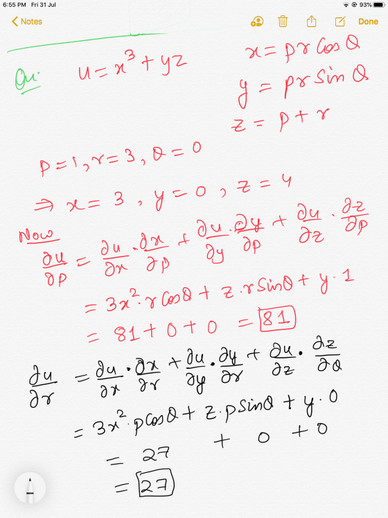 6:55 PM Fri 31 Jul 093% < Notes Done a=pr Casa On U= x² + yz y = prsina z=ptr Р=1, Y= 3, 8 = 0 О 7 = 9 2 аг Әр f ou a ди ada