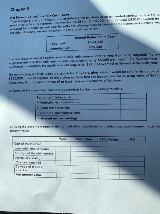 Chapter 8 Net Present Value/Uncertain Cash Flows Tiger Computers, Inc., of Singapore is considering the purchase of an automa